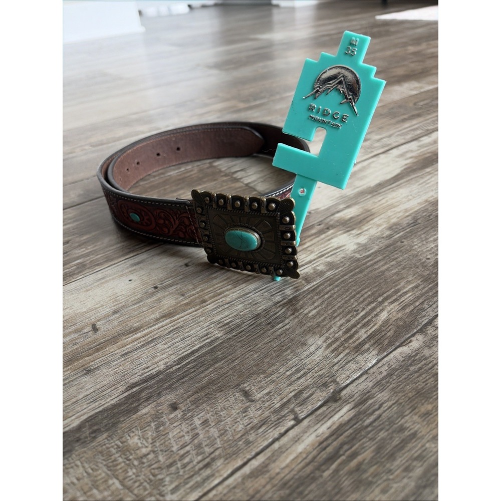 Western Women's Belt Brown Size 35 Medium Embossed Turquoise Inlay Cowgirl